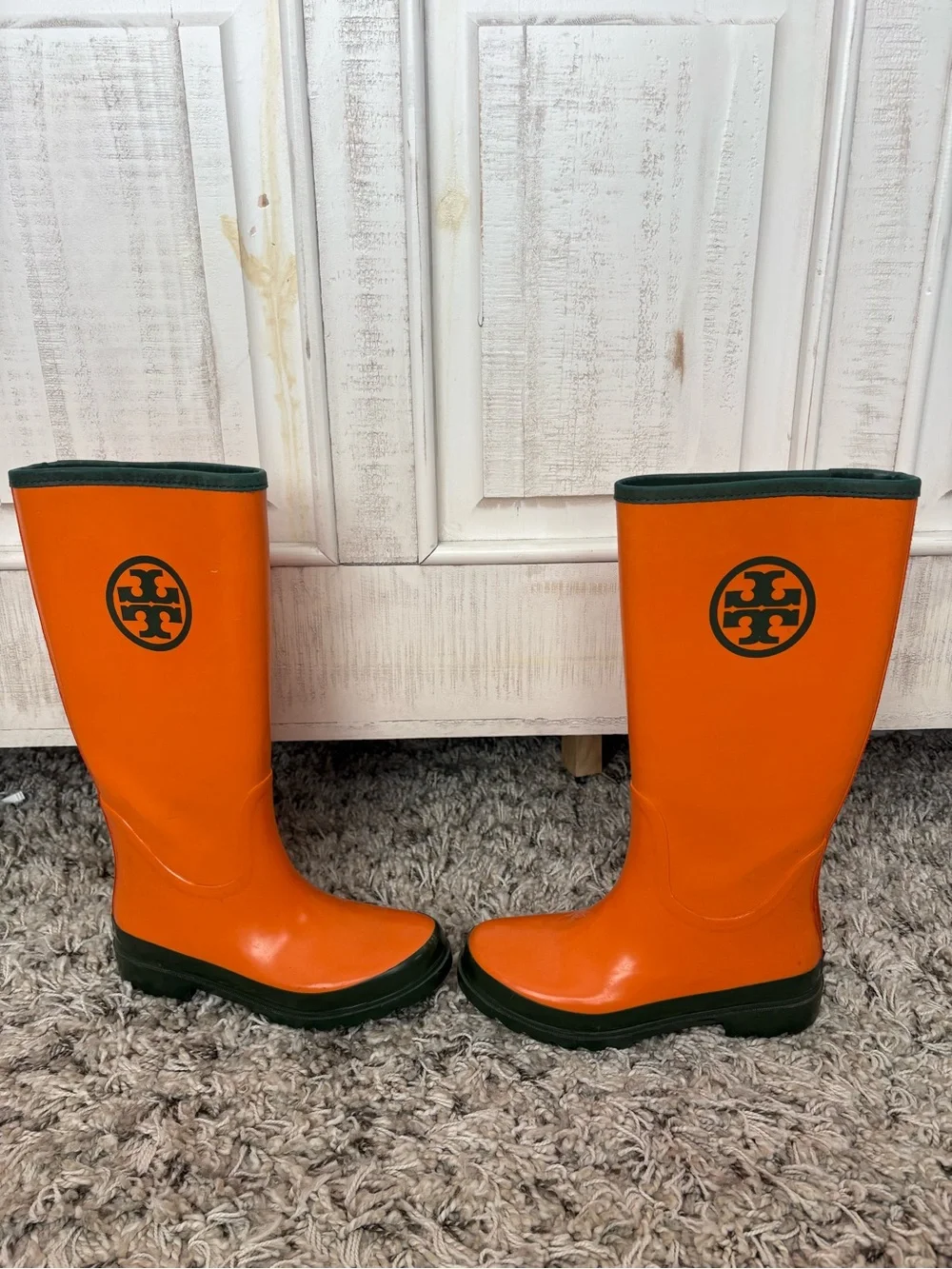 Tory Burch Orange Kids Rain Boots with Dark Green Trim